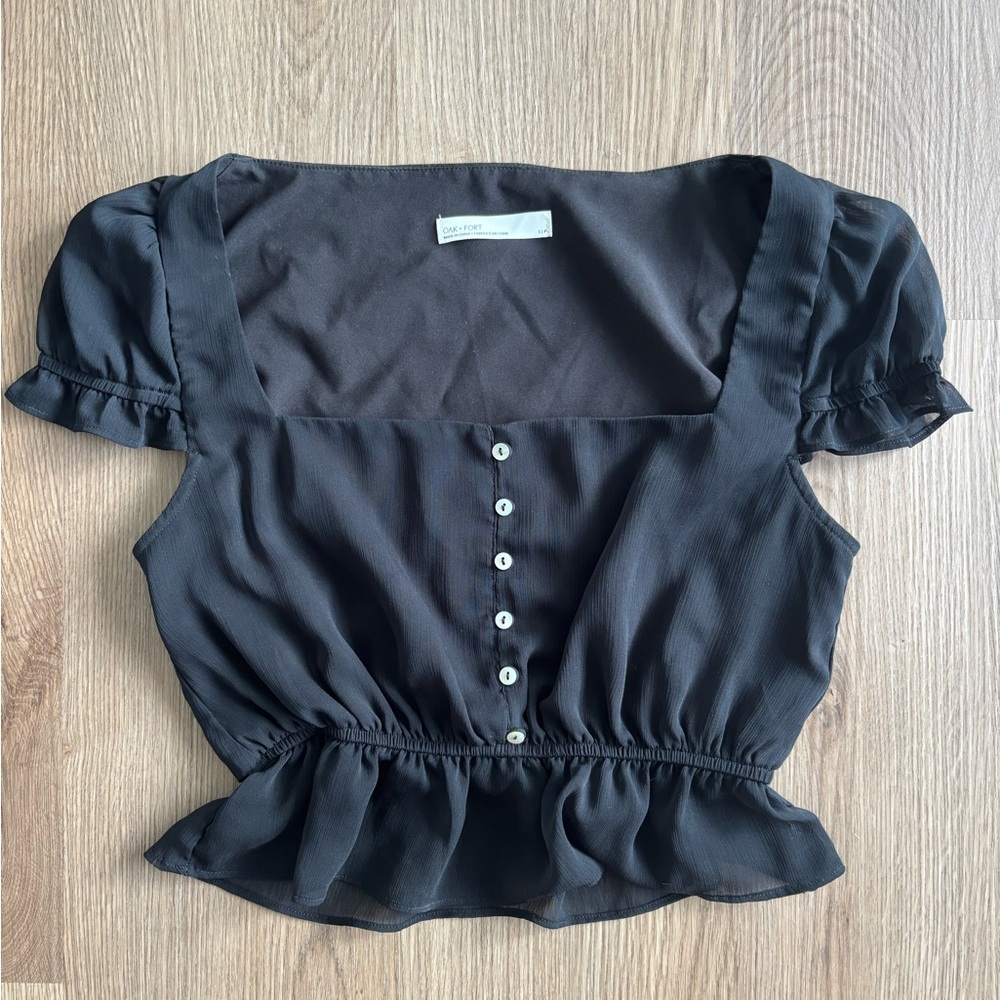 OAK + FORT Black Ruffled Peplum Blouse Small - Picture 1 of 2